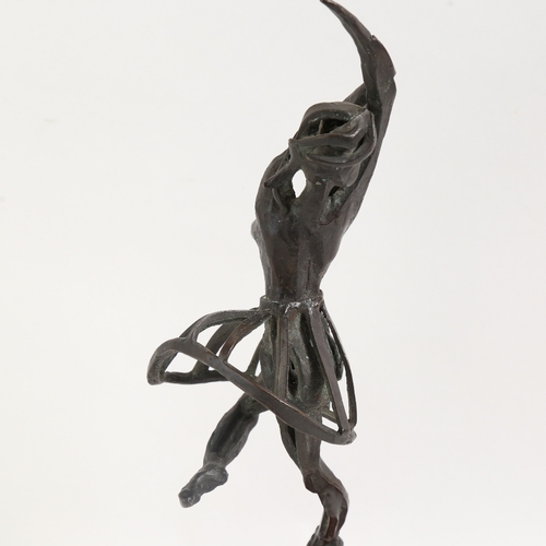 48 - A modernist nude bronze ballerina sculpture, unsigned, on wood plinth, overall height 41cm