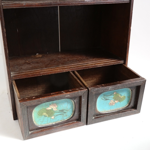 53 - A Japanese hardwood table-top cabinet, with inset cloisonne enamel panelled drawers, H49cm, W39cm, D... 