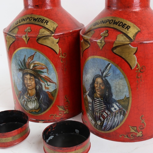 61 - A pair of painted and gilded shop display gunpowder tea caddies, hand painted Native American decora... 