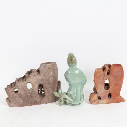 92 - 2 Chinese carved and pierced soapstone flower spill vases, and a jadeite figure holding a sceptre, h... 