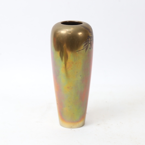 164 - A Japanese oxidised brass vase, bird and flower decoration with character marks, height 15cm