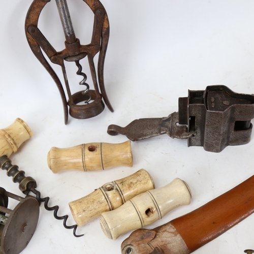 174 - Various Vintage corkscrews, ivory-handles mounts, Hardy Mk IV fishing reel etc, including James Heel... 