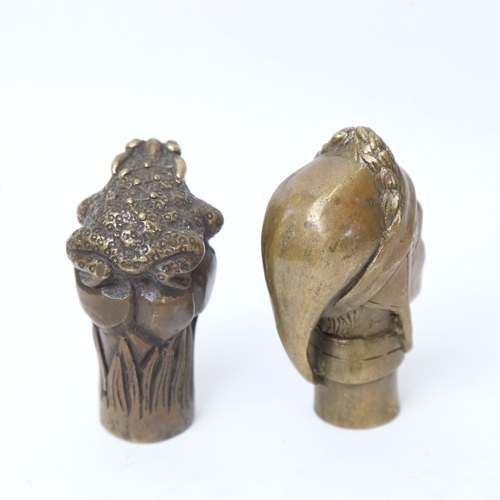 176 - 2 novelty figural brass walking cane knops, including toad, and man with laurel wreath (2)