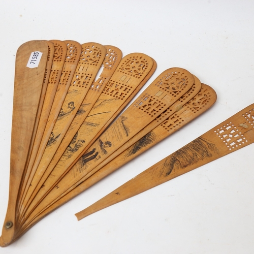 182 - An olivewood brise fan, with double-sided hand drawn pen and ink sketch scenes, guard length 24cm