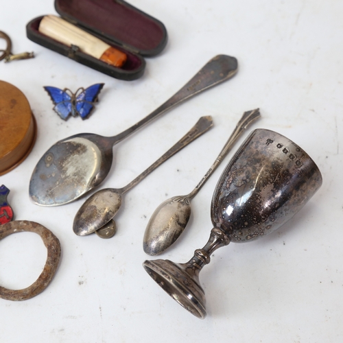 186 - Various collectables, including silver spoons, boy scout's whistle, enamel butterfly brooch etc