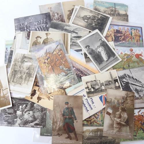 188 - Various loose Vintage military postcards, including Zep Raid and cartoons