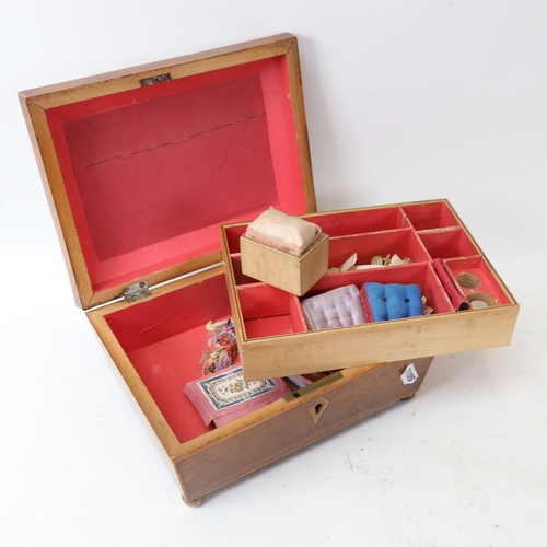 217 - A 19th  century rosewood sewing work box, with coloured print inset lid and penwork border, W22cnm, ... 