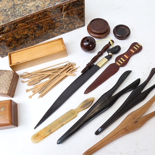 218 - Various collectables, including penwork box, rosewood ball and cup, marquetry inlaid paper knife, gl... 