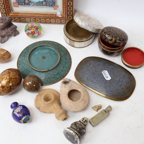 228 - Various collectables, including cloisonne enamel dishes, mother-of-pearl and brass box, hardstone eg... 