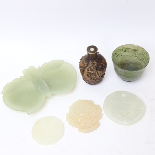 230 - Various Chinese jade and jadeite carvings, including amulets and a bowl