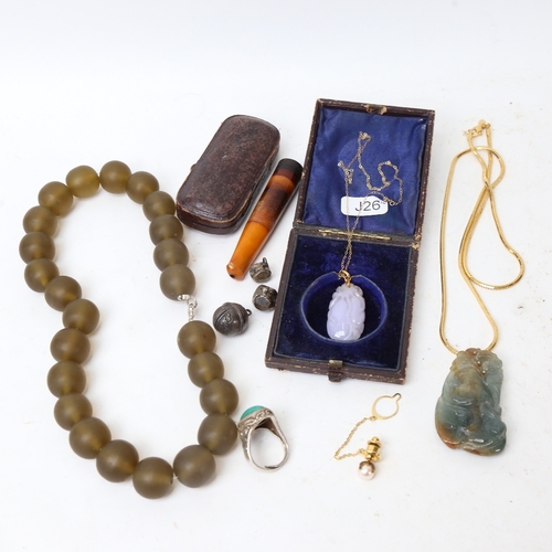 231 - Various collectables, including Chinese lavender jade pendant necklace, amber cheroot holder, glass ... 