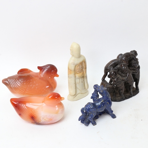 233 - Various Chinese hardstone carvings, including 2 agate birds, lapis lazuli horses etc (5)