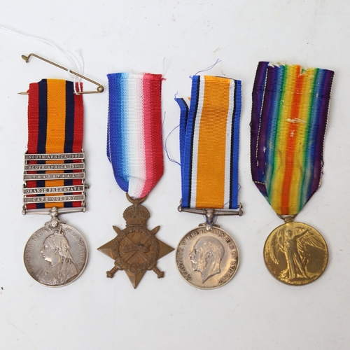 240 - A group of 3 First World War medals plus Queen's South Africa medal with 5 bars, awarded to William ... 