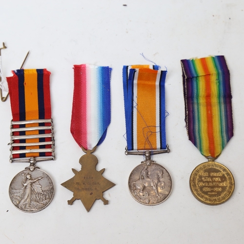 240 - A group of 3 First World War medals plus Queen's South Africa medal with 5 bars, awarded to William ... 