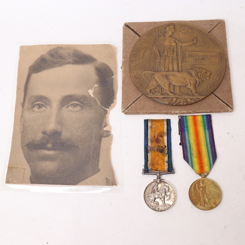 241 - A pair of First World War medals and death plaque awarded to James Charles Deacon, North Staffordshi... 