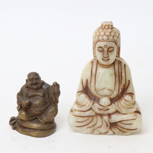 245 - A small carved and polished jadeite Buddha figure, and another miniature brass model, largest height... 