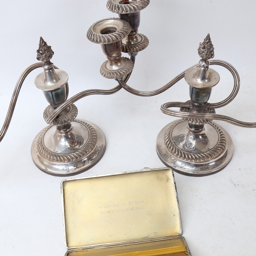 248 - A pair of mid-20th century silver plated 3-light candelabra, with military engraving for the Duke of... 