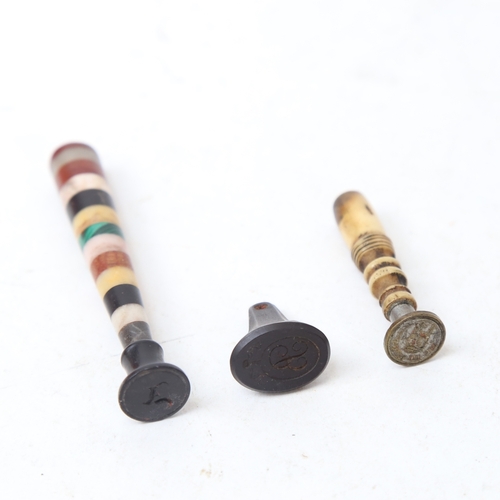 255 - 3 Antique seal fobs, including banded specimen hardstone-handled example, length 7cm (3)