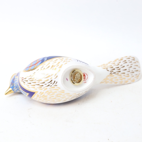 259 - A Royal Crown Derby blue jay paperweight ornament, gold button, length 18cm