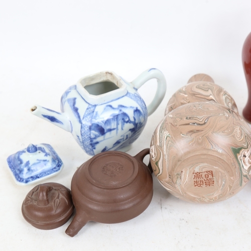 287 - Various Oriental ceramics, including blue and white teapot, flambe glaze vase, marbled double-gourd ... 