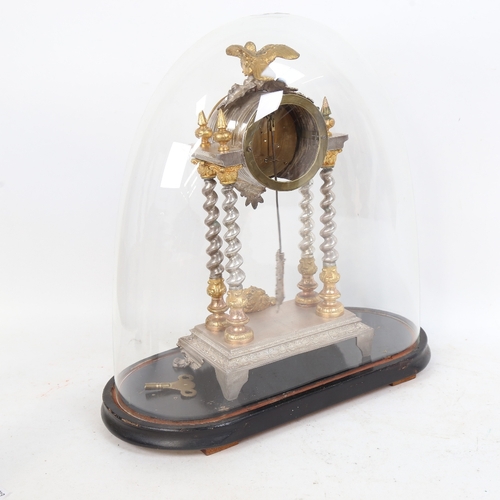 296 - A Vintage silvered and gilded 4 pillar mantel clock, with pendulum and key, under glass dome with eb... 