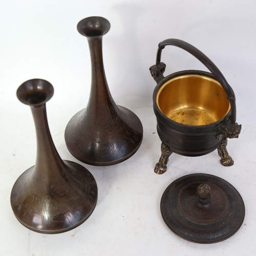 312 - A pair of Chinese bronze dragon narrow-neck vases, and a Renaissance style bronze cauldron and cover... 