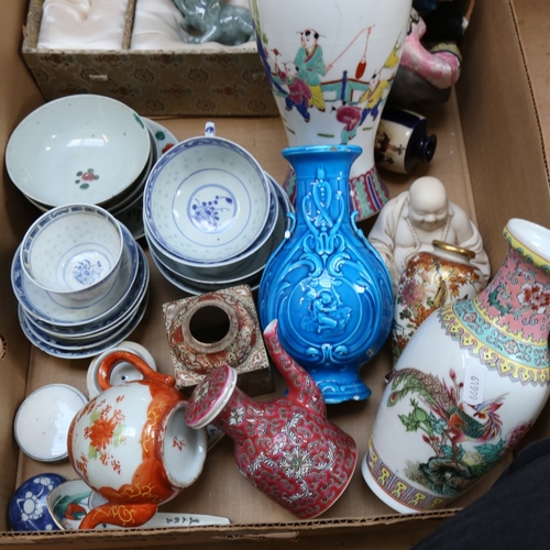 332 - Various Oriental ceramics, including baluster vase, blue and white bowls etc (boxful)