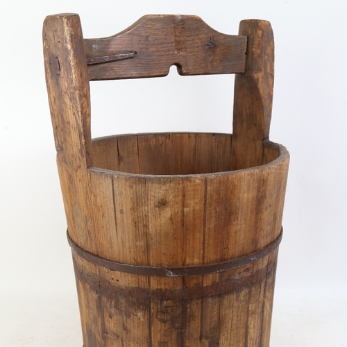 345 - A large Vintage metal-bound pine well bucket, overall height 57cm