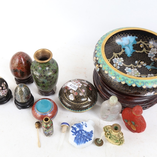 347 - Various Oriental cloisonne enamel items, including pot pourri bowl, decorative eggs, snuff bottles e... 