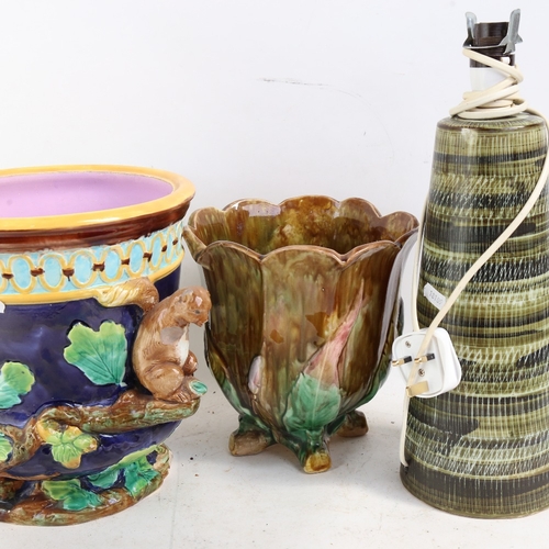 351 - A Rye Pottery table lamp, a large Majolica jardiniere, and another, lamp height 31cm (3)