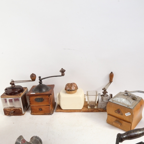 360 - A group of Vintage coffee grinders, Lauren Perrier champagne bucket, enamelled jug, flat iron etc