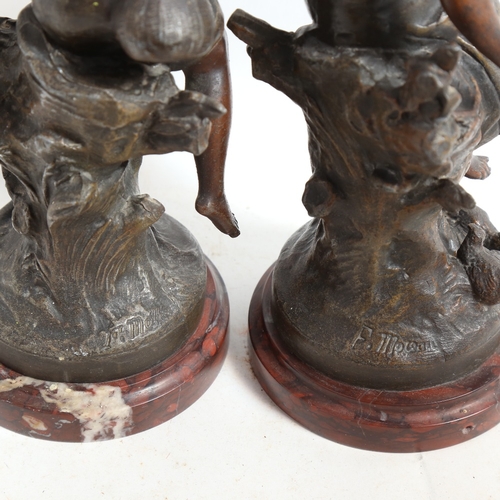 381 - After Francois Moreau, pair of spelter sculptures, including bonne peche, on red marble bases, large... 