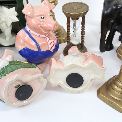 395 - An artist's lay figure, NatWest pigs, pair of Antique brass candlesticks, ebony elephants etc (boxfu... 