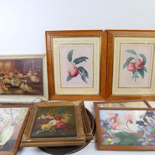 398 - Various pictures and prints, including pair of still life oils on board, by J Brandt (9)