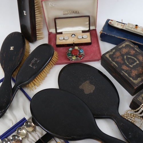 417 - Various collectables, including Antique ebonised dressing table mirror and brush set, a pair of lacq... 