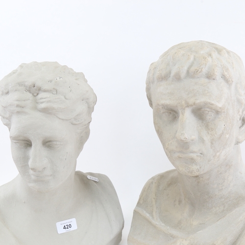 420 - 2 Classical style plaster busts, including Caesar, largest height 42cm (2)