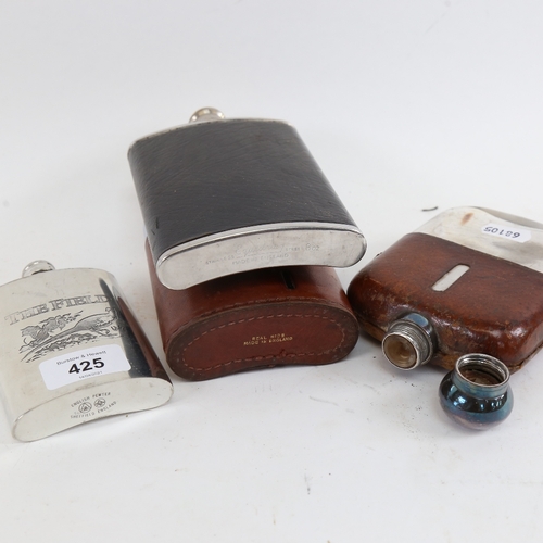 425 - 4 Vintage hip flasks, including silver plate and leather example (4)