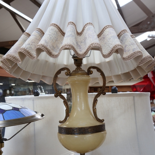 447 - A large pair of Neo-Classical style composition urn table lamps and shades, overall height 86cm