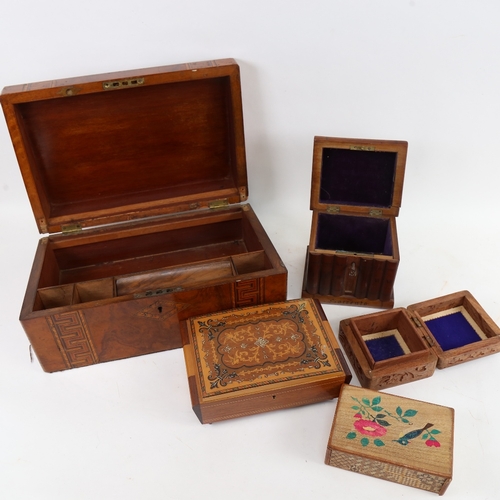 460 - An Antique inlaid walnut travelling folding writing slope case, an Italian Sorrento Ware souvenir bo... 