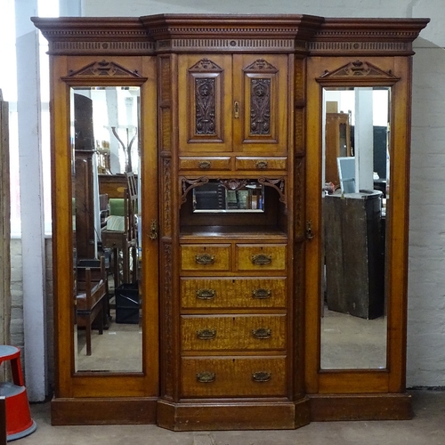 1500 - A late Victorian walnut 3-section break-front compactum wardrobe, W206cm, H217cm, D70cm