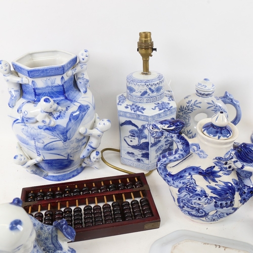 478 - A group of Chinese blue and white porcelain items, including hexagonal jar lamp, baluster vase, moon... 