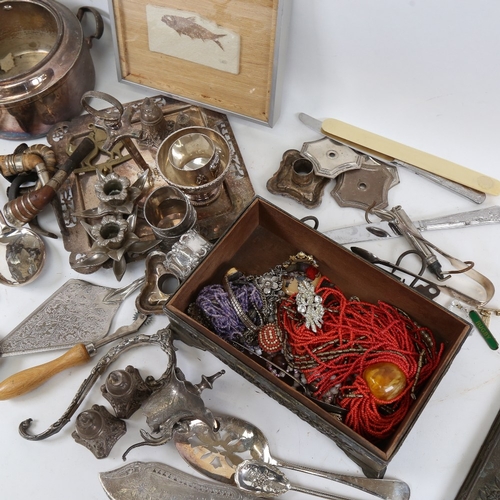 480 - Various interesting collectables, including fossilised fish panel, Antique silver plate, Japanese sp... 