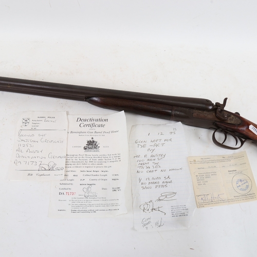 484 - A double-barrelled 12 bore shotgun, with mahogany stock and deactivation certificate, barrel length ... 