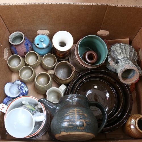 516 - Various Studio pottery goblets, teapots, bowls etc, Huntley & Palmers biscuit tin etc (boxful)