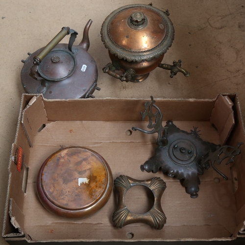 518 - A large copper spirit kettle and stand, copper samovar and stand etc