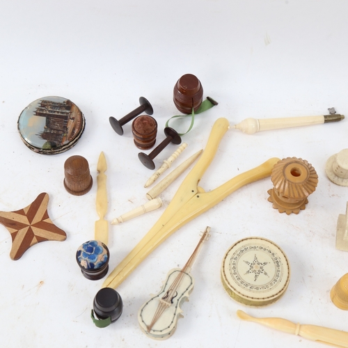 552 - Various interesting collectables, including novelty treen barrel tape measures, pin cushions, thimbl... 