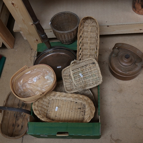 556 - Various wicker baskets, garden trugs, copper warming pan etc