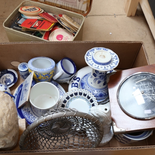 559 - Various china and collectables, including large quantity of tiles, Delft chamber stick candle stand,... 