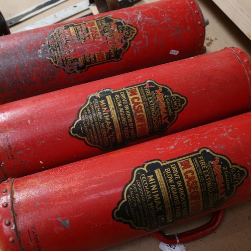 563 - A set of 3 Vintage 2 gallon Minimax fire extinguishers, and wall-mounted brackets (3)