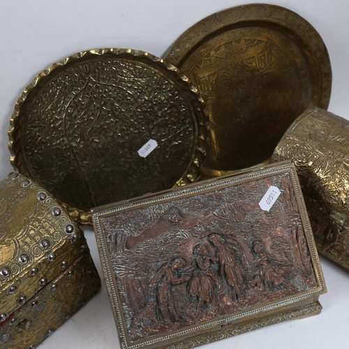 576 - Various brass-mounted table-top boxes, and 2 Middle Eastern brass trays (5)